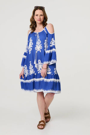 Blue | Ikat Print Cut Out Knee Length Sun Dress
