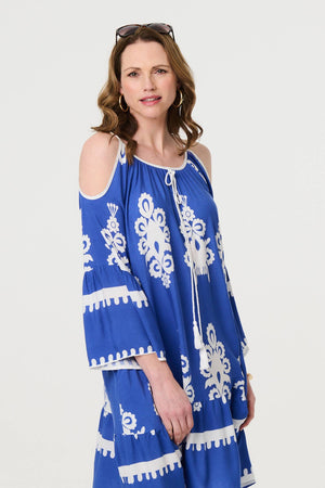 Blue | Ikat Print Cut Out Knee Length Sun Dress
