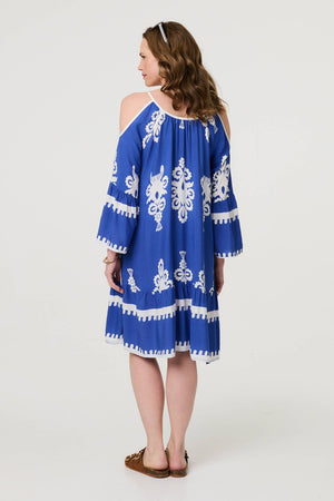 Blue | Ikat Print Cut Out Knee Length Sun Dress

