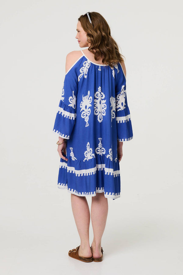 Blue | Ikat Print Cut Out Knee Length Sun Dress
