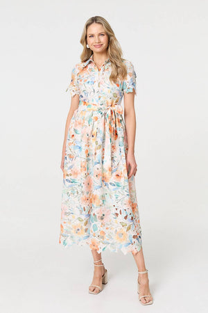 Orange | Floral Cut Out Tie Waist Midi Shirt Dress
