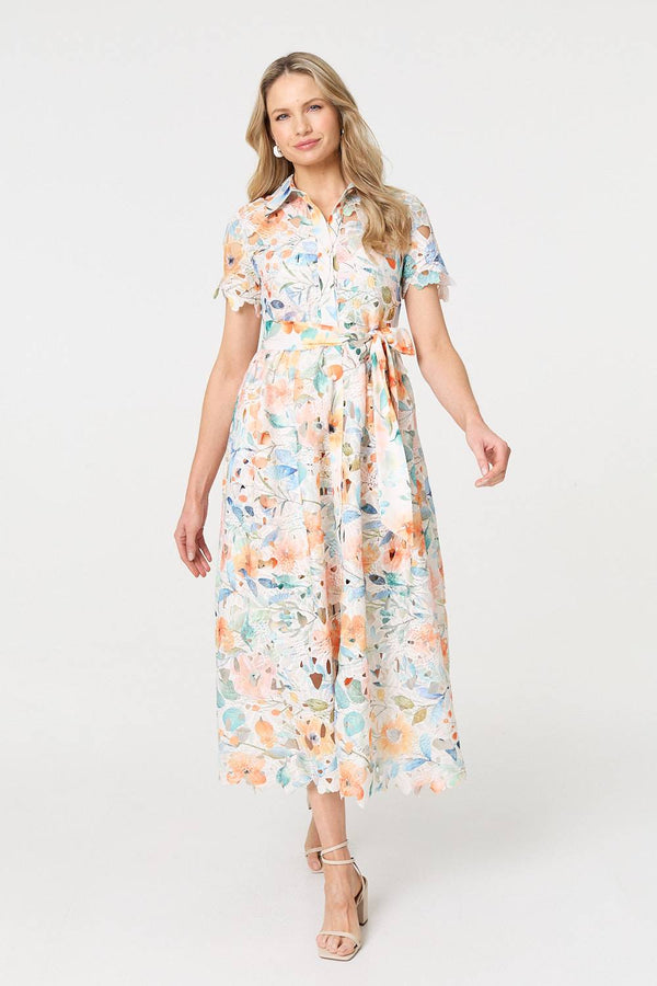 Orange | Floral Cut Out Tie Waist Midi Shirt Dress : Model is 5'10"/178 cm and wears UK10/EU38/US6/AUS10
