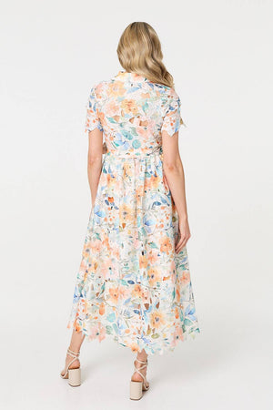 Orange | Floral Cut Out Tie Waist Midi Shirt Dress
