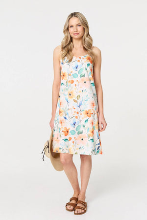 Orange | Floral Cut Out Tie Waist Midi Shirt Dress
