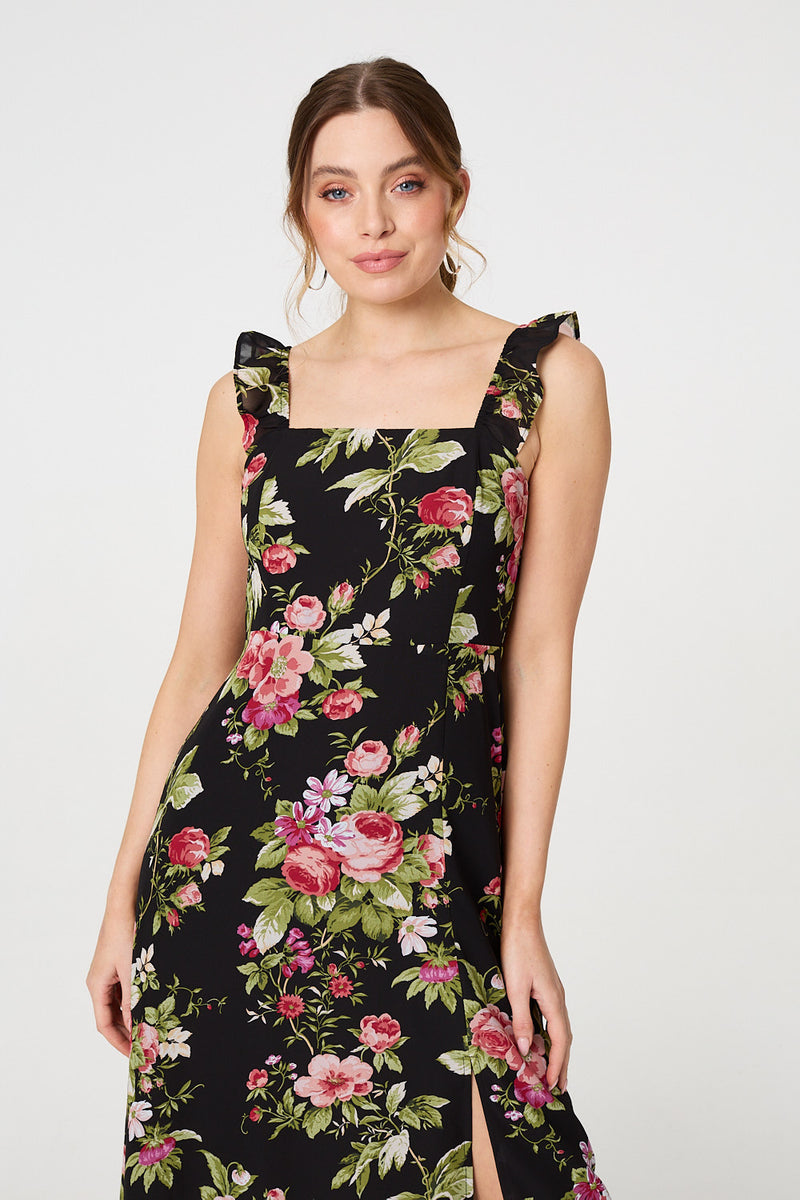 Floral Frill Sleeveless A-Line Midi Dress | Izabel London Floral Frill Sleeveless A-Line Midi Dress | Izabel London