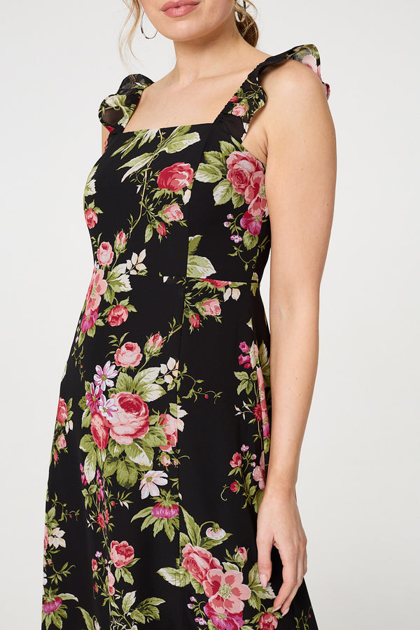Black | Floral Frill Sleeveless A-Line Midi Dress
