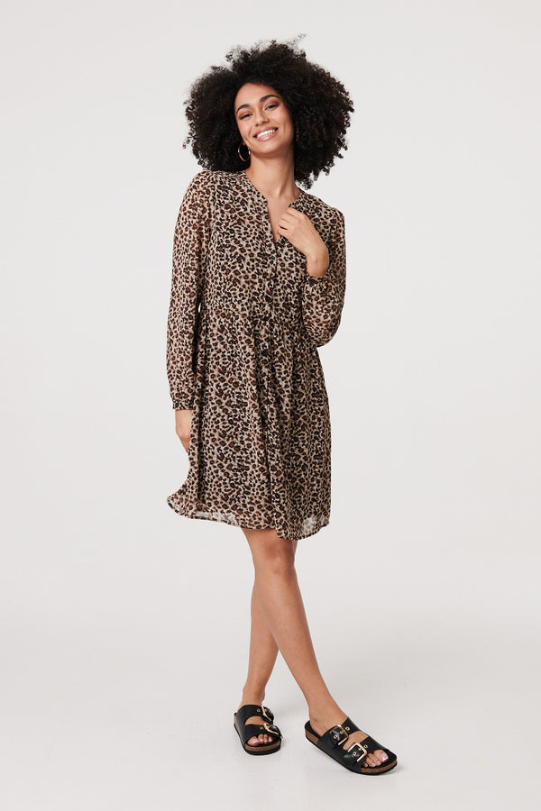 Beige | Animal Print Long Sleeve Short Dress

