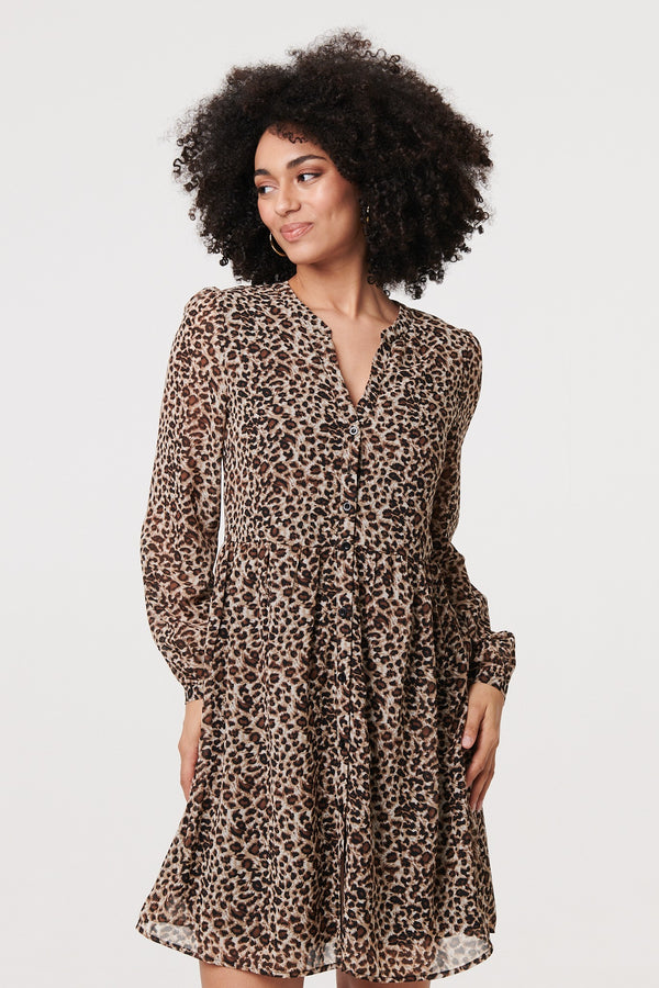 Beige | Animal Print Long Sleeve Short Dress
