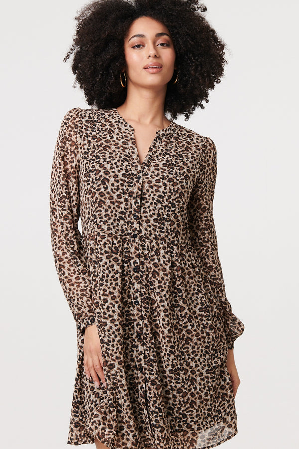 Beige | Animal Print Long Sleeve Short Dress
