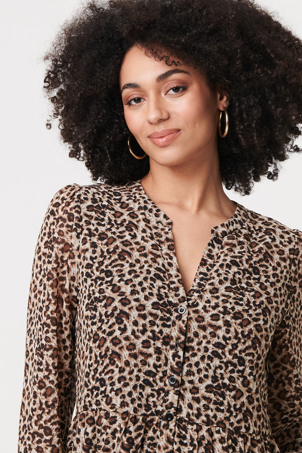 Beige | Animal Print Long Sleeve Short Dress
