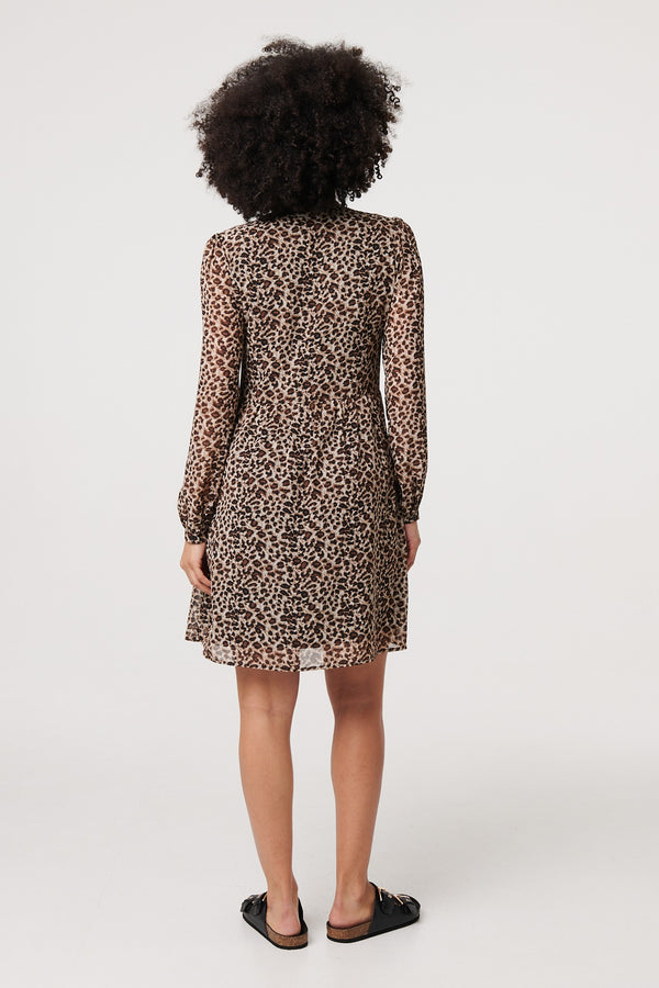 Beige | Animal Print Long Sleeve Short Dress
