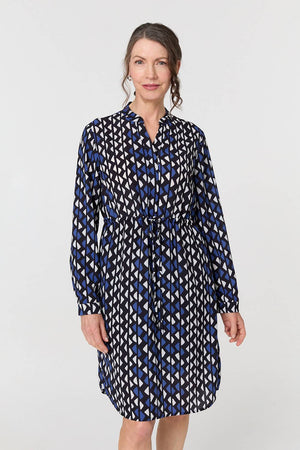 Blue | Geo Print Tie Waist Knee Length Dress
