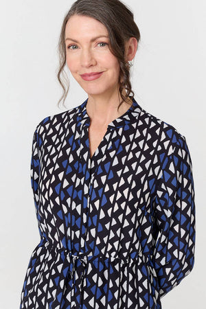 Blue | Geo Print Tie Waist Knee Length Dress
