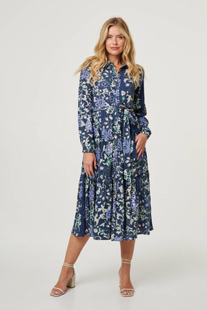 Navy | Floral Tie Waist Tiered Midi Dress
