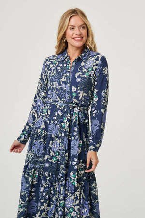 Navy | Floral Tie Waist Tiered Midi Dress
