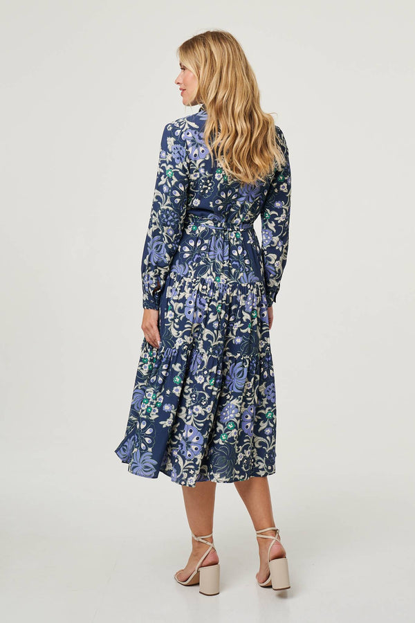 Navy | Floral Tie Waist Tiered Midi Dress
