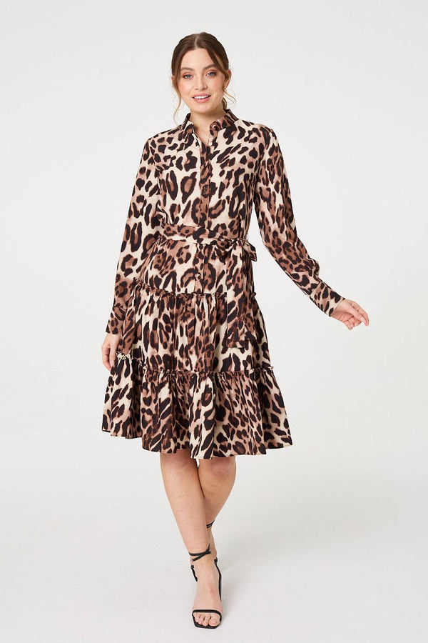 Beige | Animal Print Tiered Short Shirt Dress
