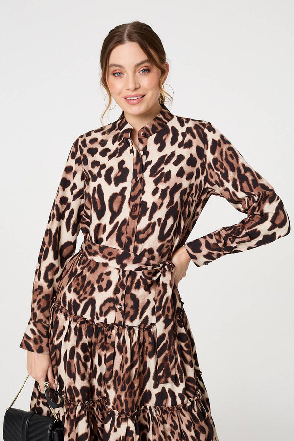 Beige | Animal Print Tiered Short Shirt Dress
