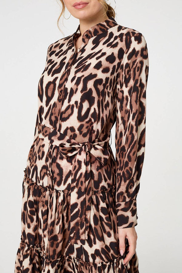 Beige | Animal Print Tiered Short Shirt Dress

