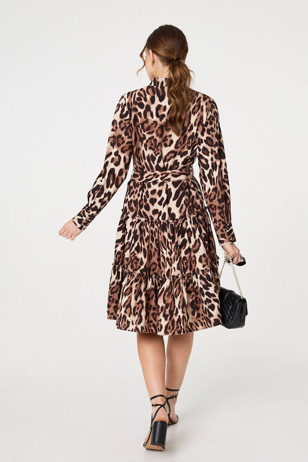 Beige | Animal Print Tiered Short Shirt Dress
