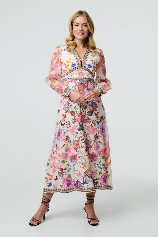 Pink | Floral Border Print Midi Dress
