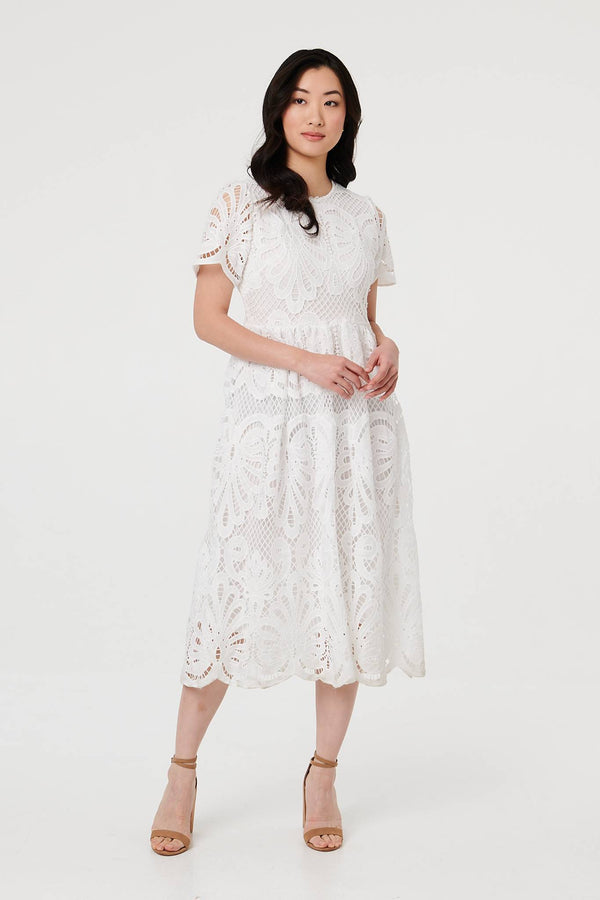 White | Semi Sheer Lace Layered Midi Dress