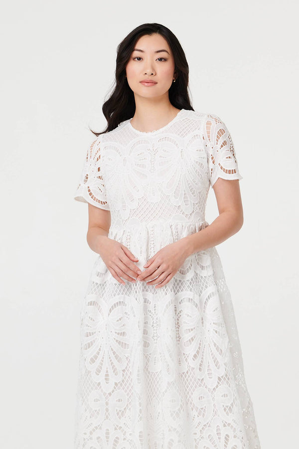 White | Semi Sheer Lace Layered Midi Dress