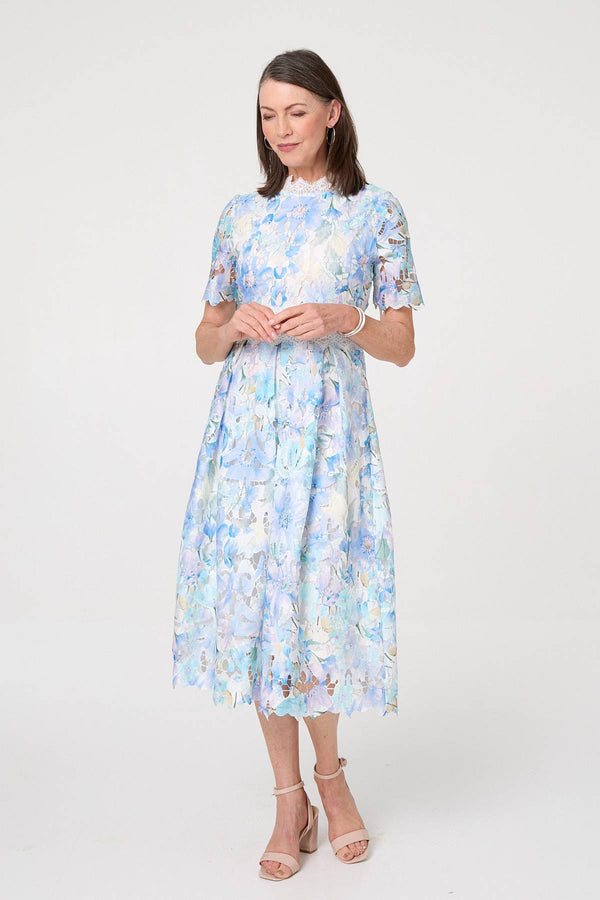 Blue | Floral Semi Sheer Lace Layer Midi Dress