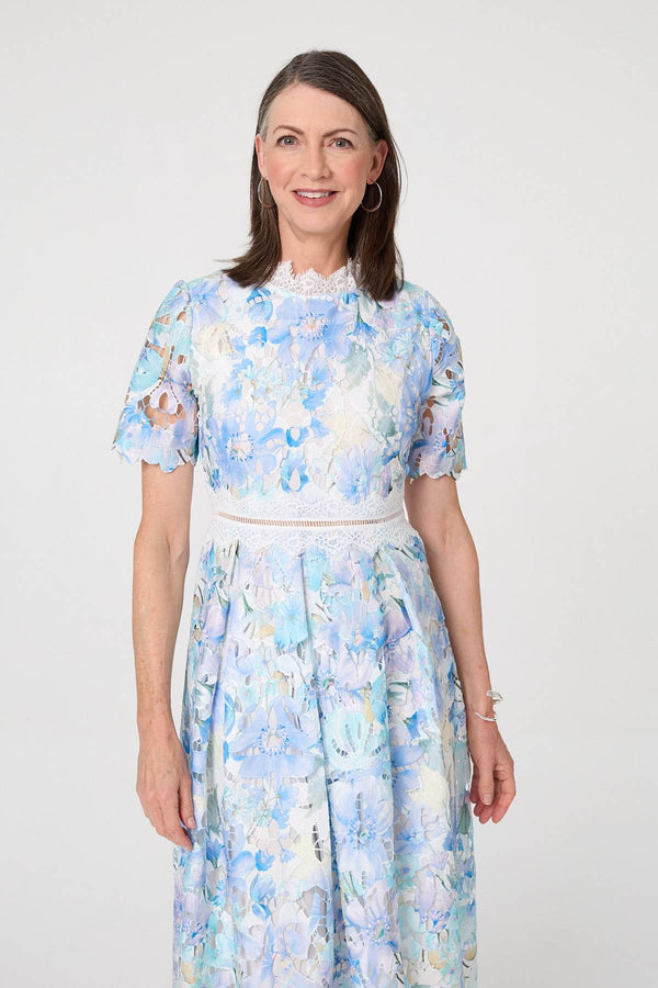 Blue | Floral Semi Sheer Lace Layer Midi Dress