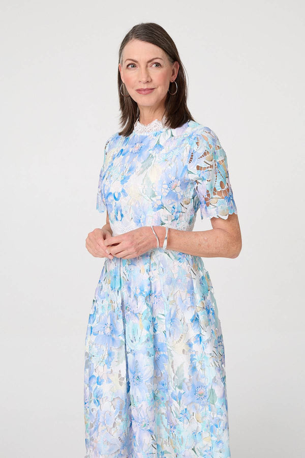 Blue | Floral Semi Sheer Lace Layer Midi Dress