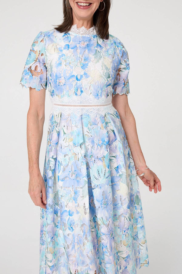Blue | Floral Semi Sheer Lace Layer Midi Dress