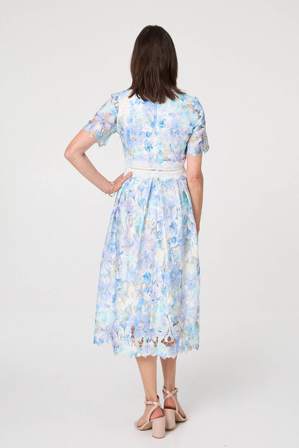 Blue | Floral Semi Sheer Lace Layer Midi Dress