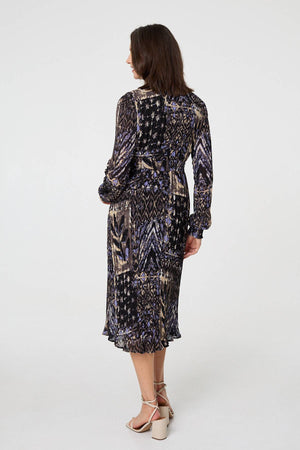 Black | Printed Shirred Waist Midi Wrap Dress

