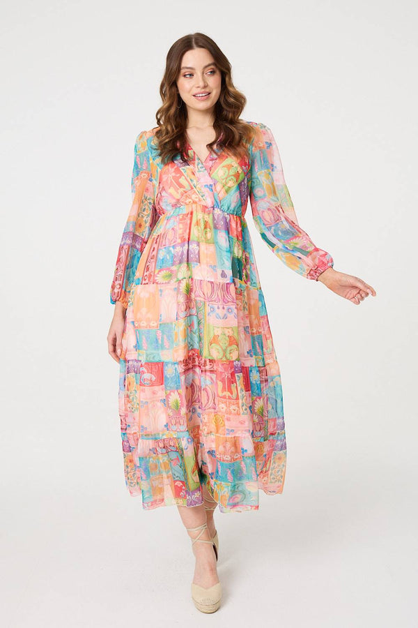 Orange | Patchwork Print Tiered Empire Midi Dress
