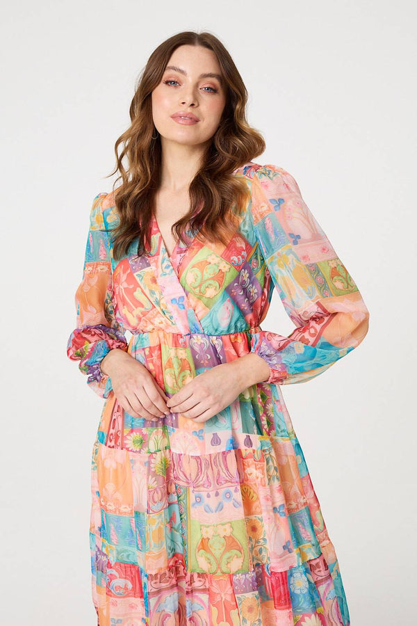 Orange | Patchwork Print Tiered Empire Midi Dress
