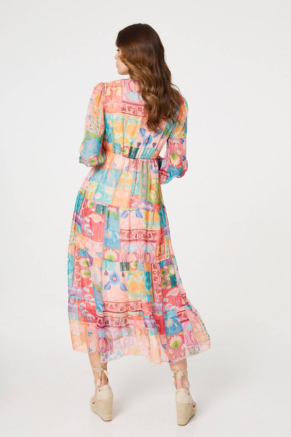 Orange | Patchwork Print Tiered Empire Midi Dress
