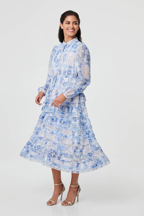 Blue | Floral Tie Waist Frill Midi Shirt Dress
