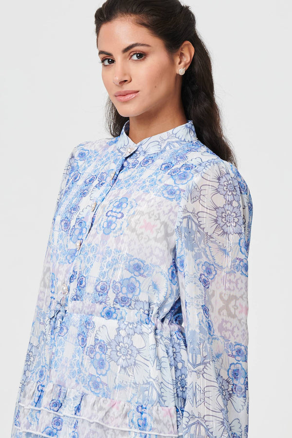Blue | Floral Tie Waist Frill Midi Shirt Dress
