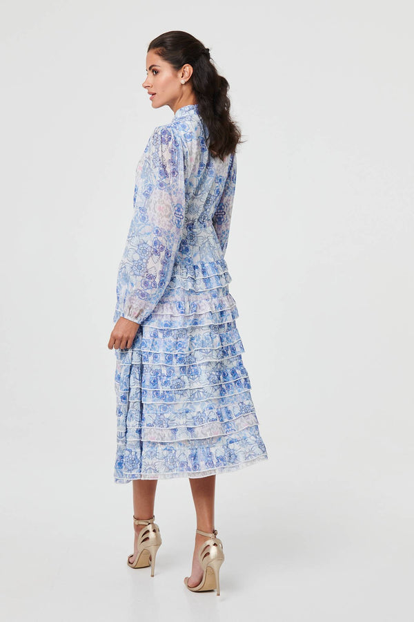 Blue | Floral Tie Waist Frill Midi Shirt Dress
