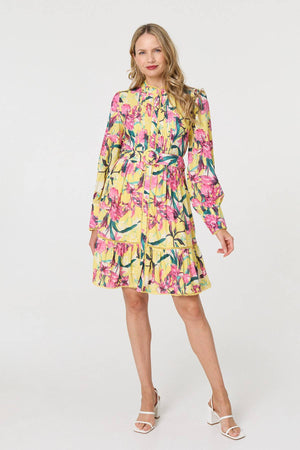Yellow | Floral High Neck Long Sleeve Short Dress
