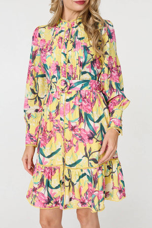 Yellow | Floral High Neck Long Sleeve Short Dress
