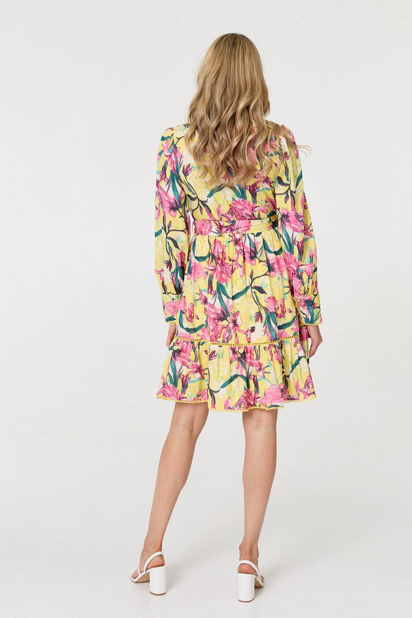 Yellow | Floral High Neck Long Sleeve Short Dress
