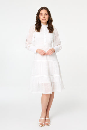 White | Embroidered Tiered Knee Length Dress