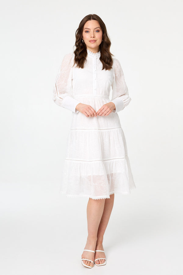 White | Embroidered Tiered Knee Length Dress