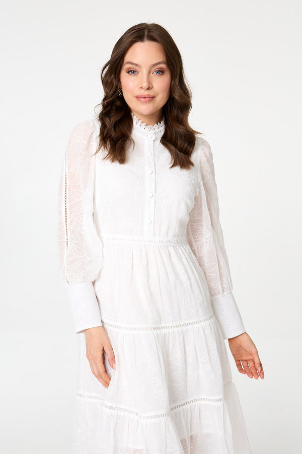 White | Embroidered Tiered Knee Length Dress