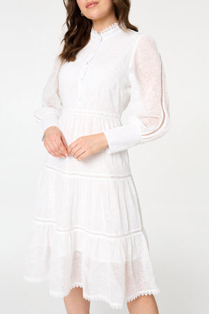 White | Embroidered Tiered Knee Length Dress