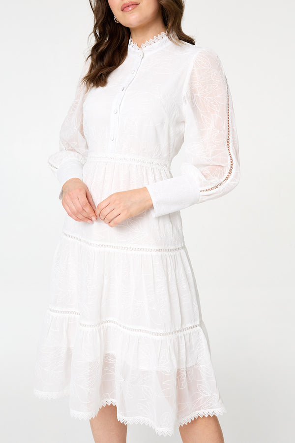 White | Embroidered Tiered Knee Length Dress