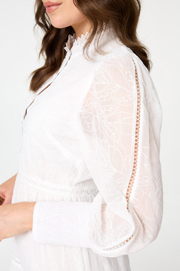 White | Embroidered Tiered Knee Length Dress