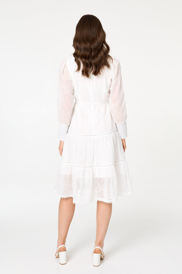 White | Embroidered Tiered Knee Length Dress