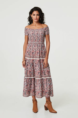 Pink | Ditsy Floral Bardot Smocked Midi Dress
